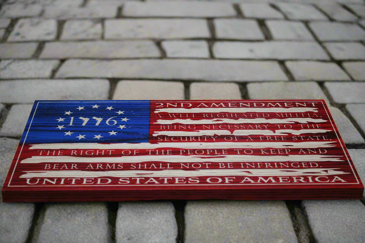 Carved Tattered 2nd Amendment Flag W/Handgun 1776