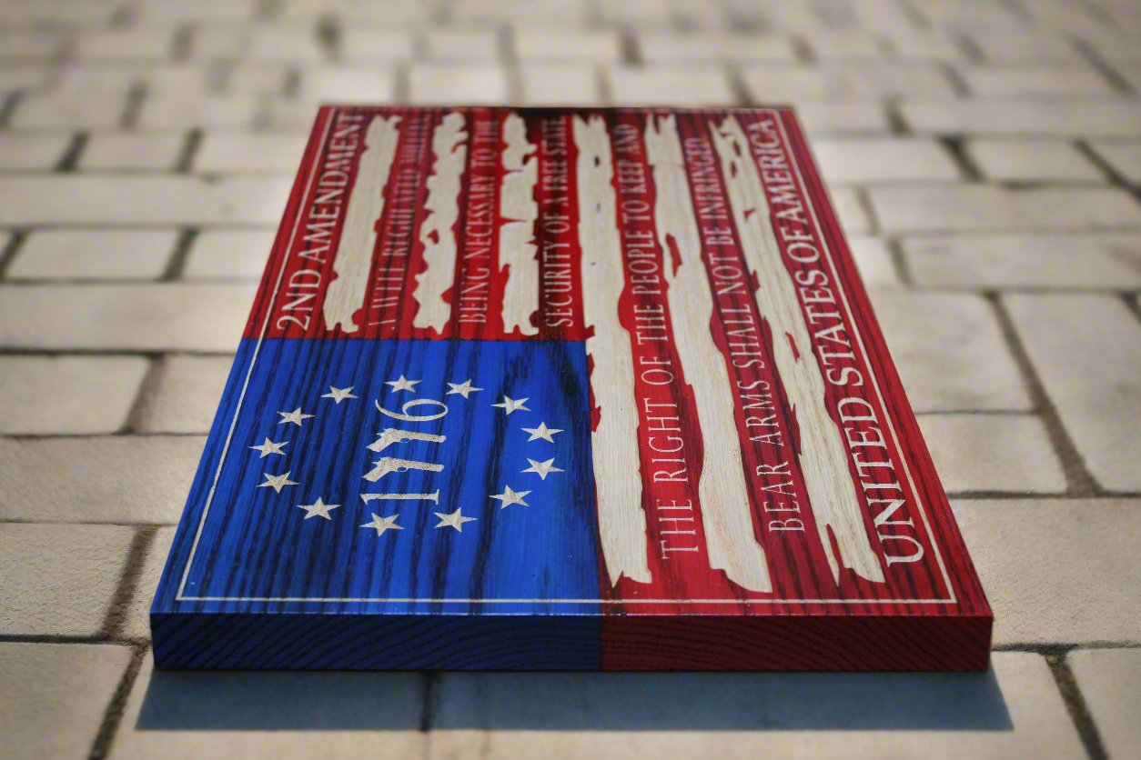Carved Tattered 2nd Amendment Flag W/Handgun 1776