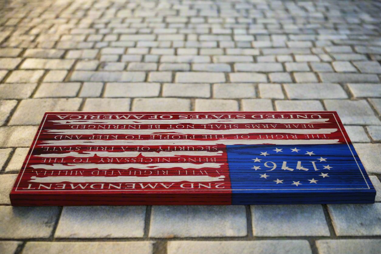 Carved Tattered 2nd Amendment Flag W/Handgun 1776
