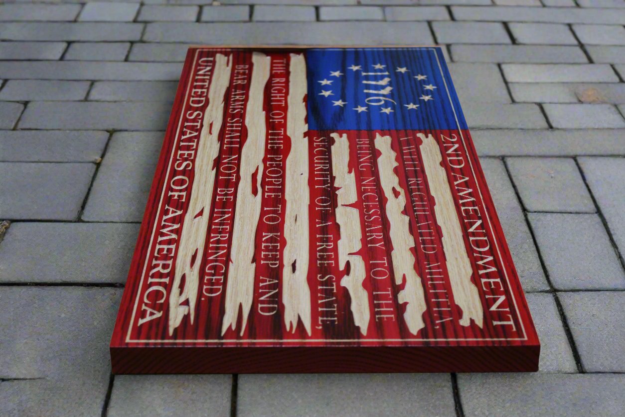 Carved Tattered 2nd Amendment Flag W/Handgun 1776
