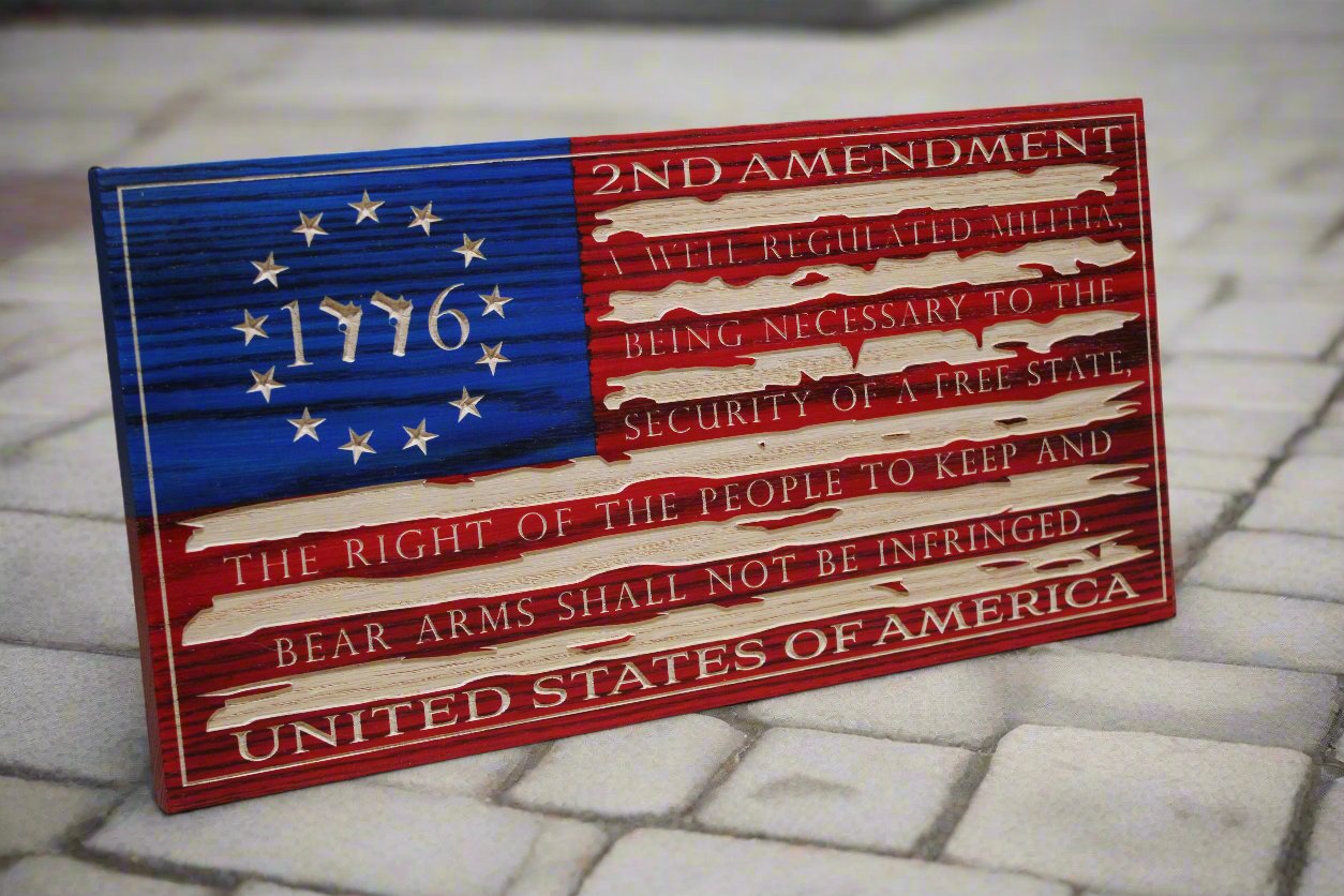 Carved Tattered 2nd Amendment Flag W/Handgun 1776