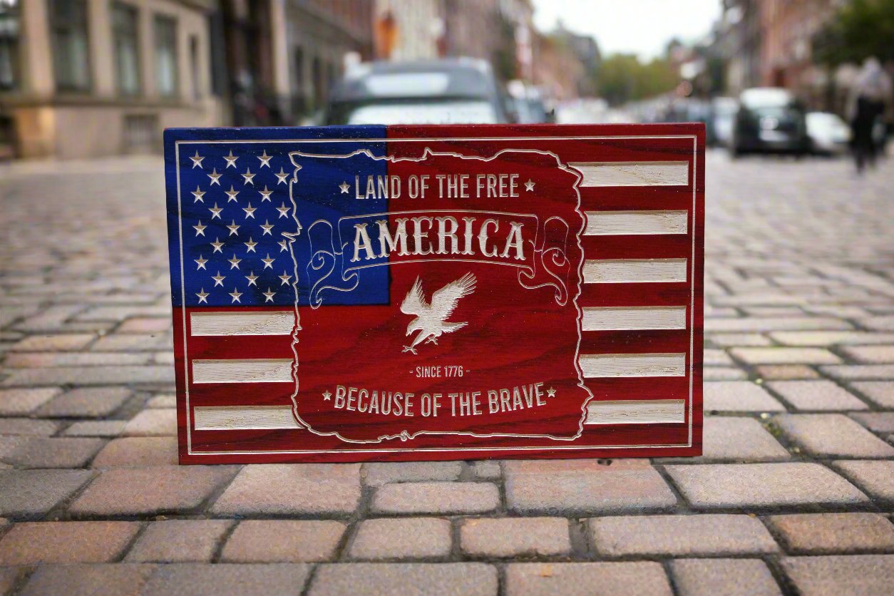 Small Carved Land of the Free Eagle Flag