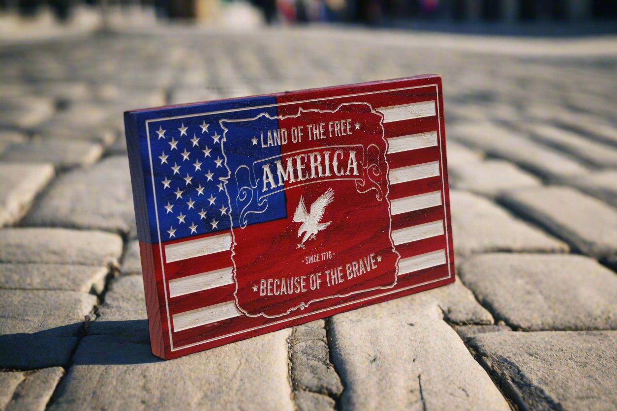 Small Carved Land of the Free Eagle Flag