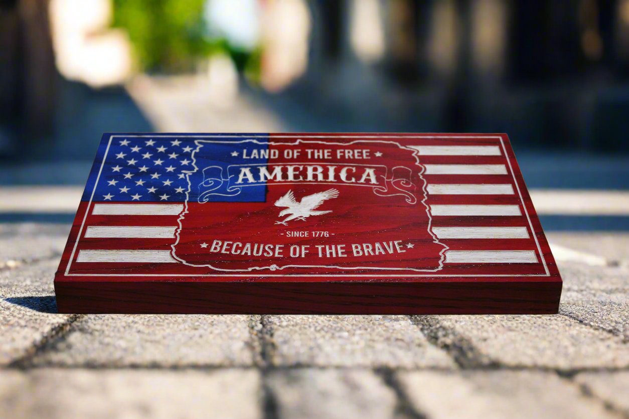 Small Carved Land of the Free Eagle Flag
