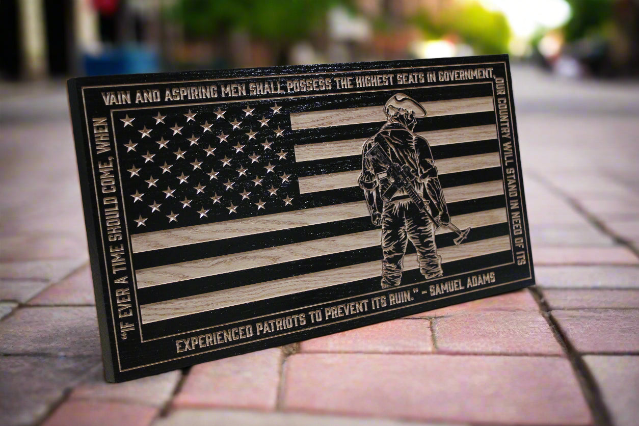 Sam Adams quote carved wood flag