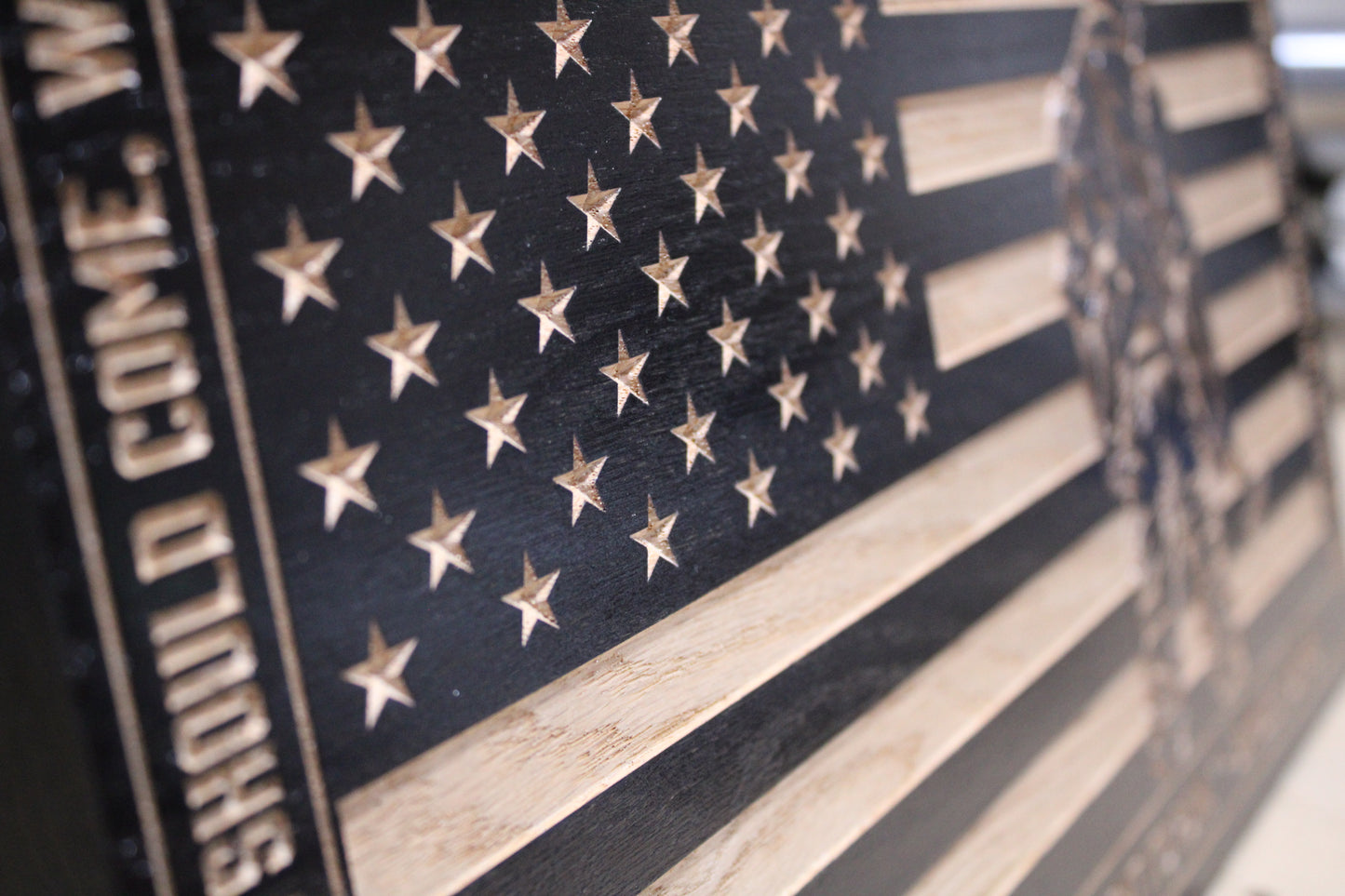 Sam Adams quote carved wood flag