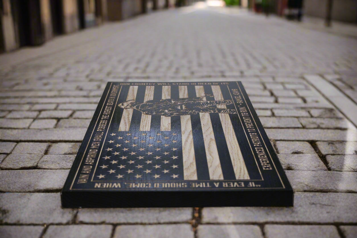 Sam Adams quote carved wood flag