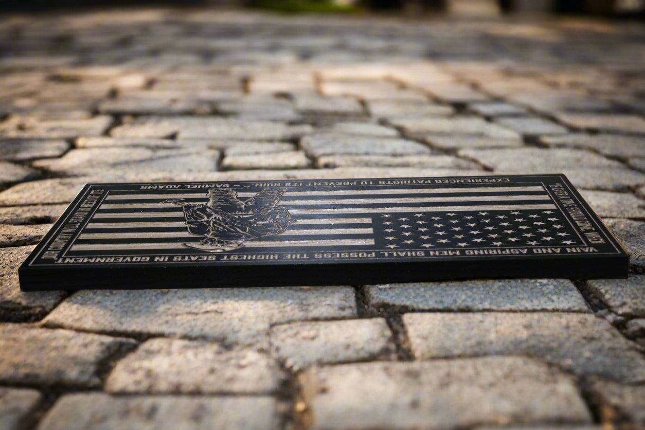 Sam Adams quote carved wood flag