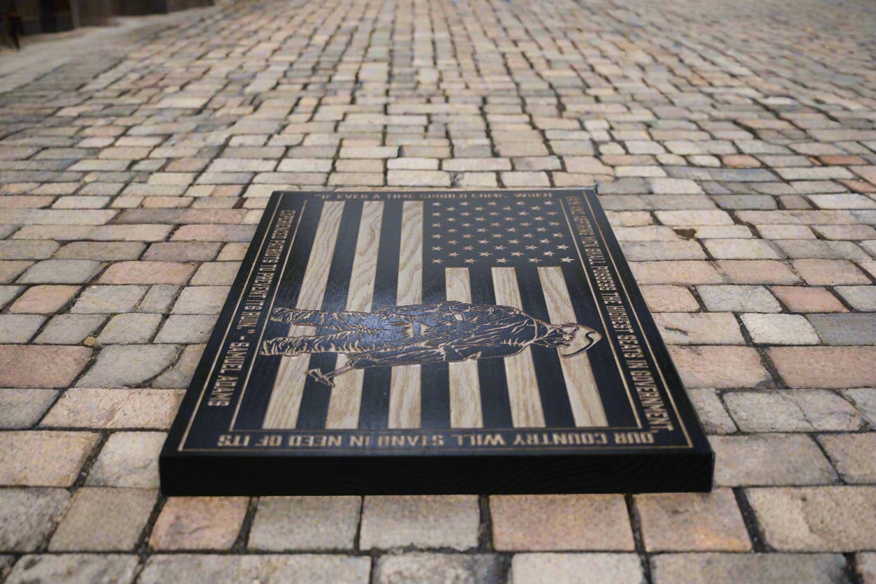 Sam Adams quote carved wood flag