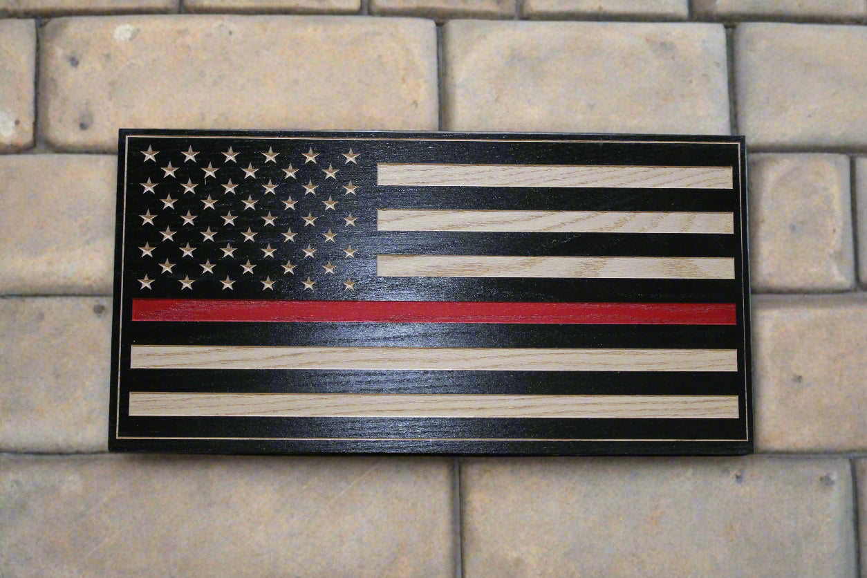 Carved Thin Red Line Wood Flag