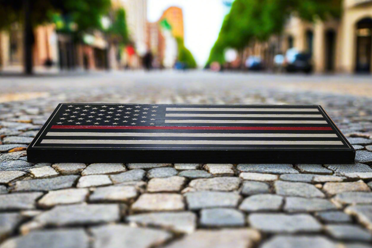 Carved Thin Red Line Wood Flag