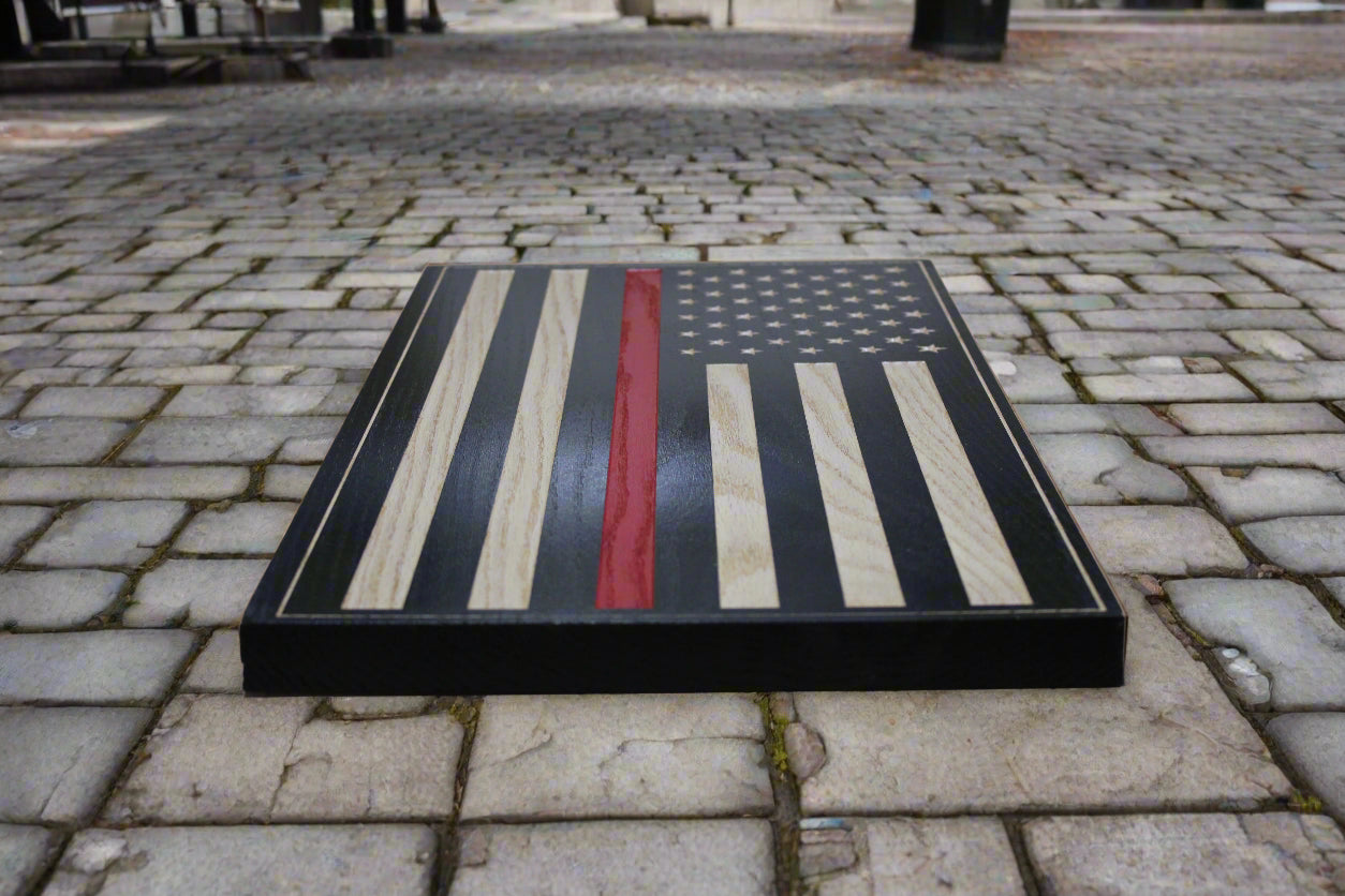 Carved Thin Red Line Wood Flag
