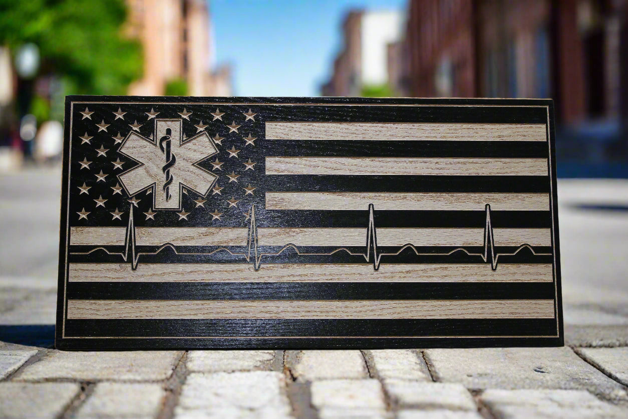 carved Ems wood flag with heartbeat design
