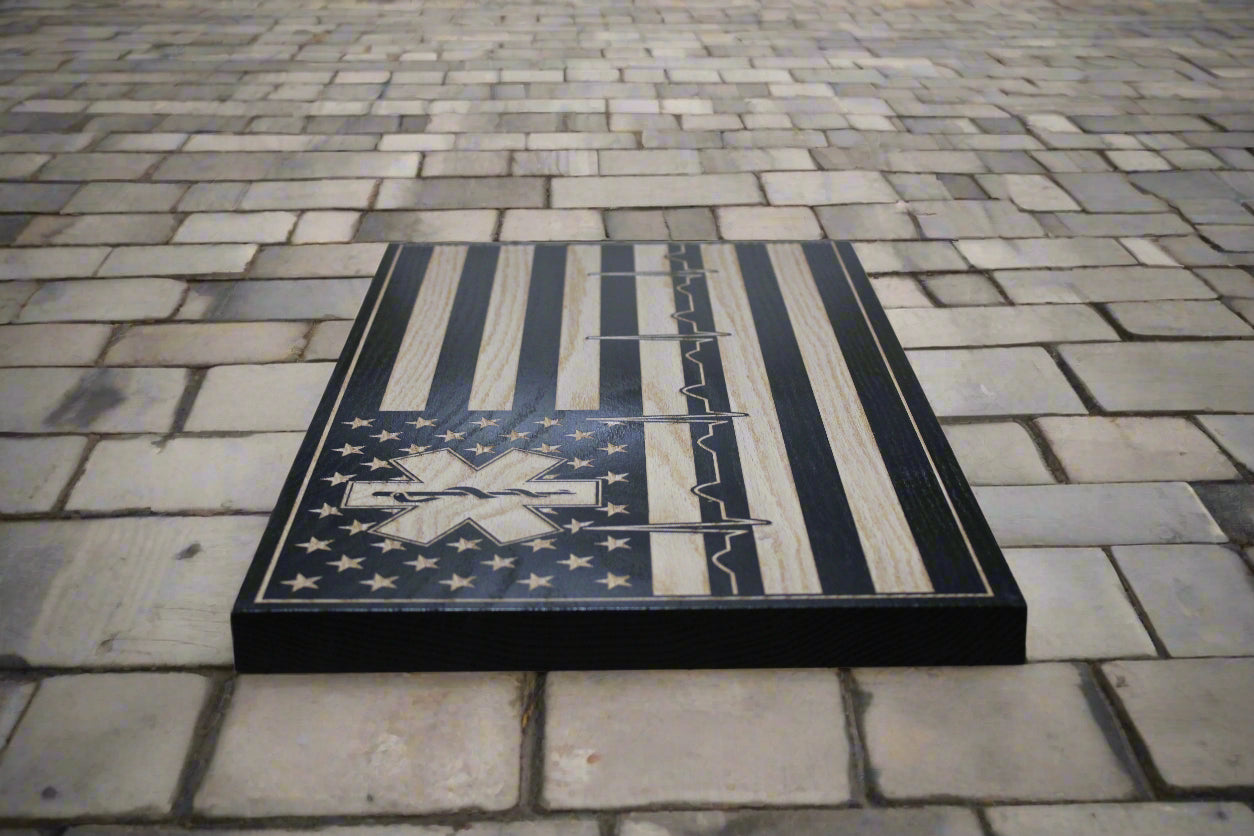 carved Ems wood flag with heartbeat design