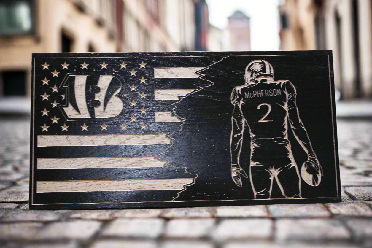 Carved Wood Bengals player Mcpherson Flag