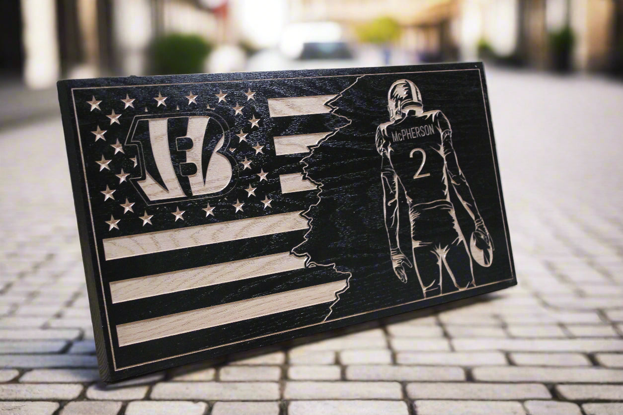 Carved Wood Bengals player Mcpherson Flag
