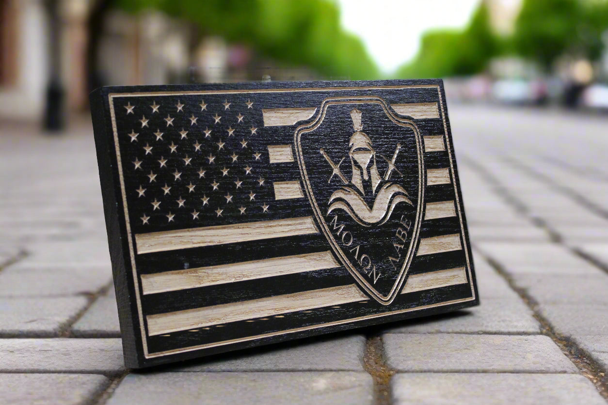 carved wood Molon Labe flag