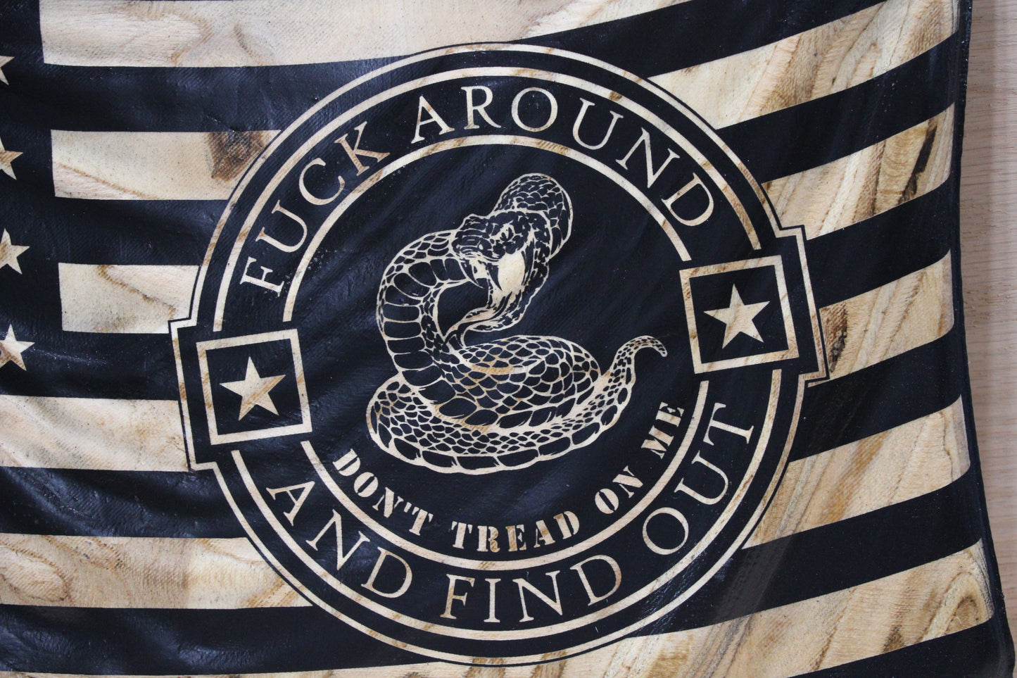 Carved Draped FAAFO Don't Tread on Me Flag