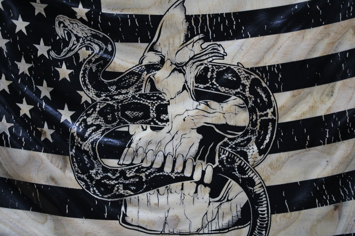 American flag with a skull and snake design