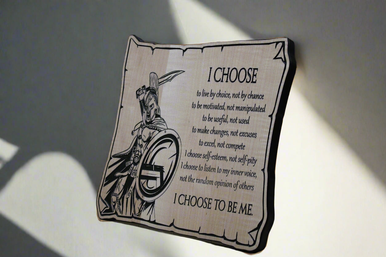 I Choose Spartan carved wooden sign angled right view