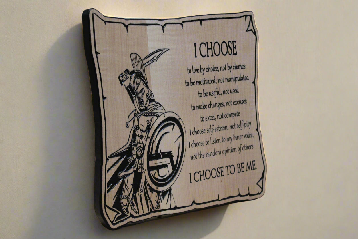 I Choose Spartan carved wooden sign angled view
