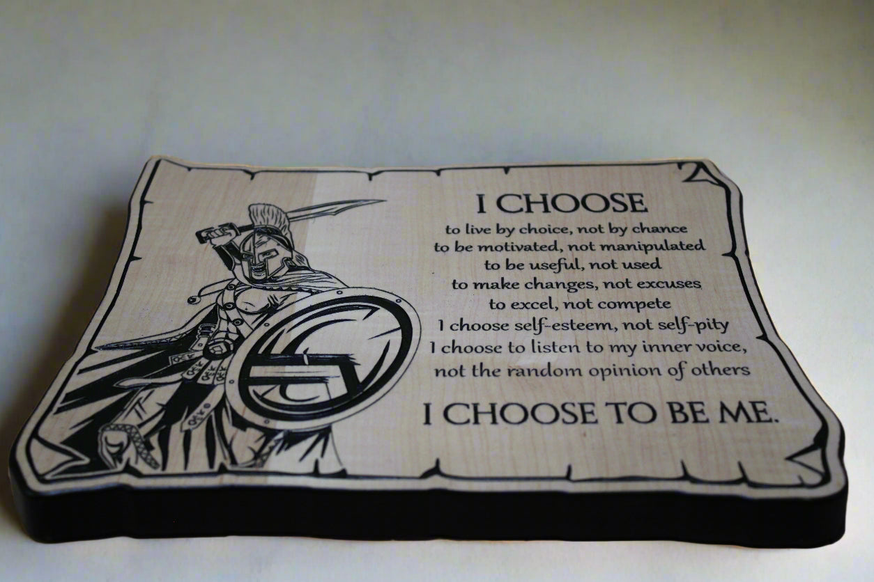 I Choose Spartan carved wooden sign bottom angled view