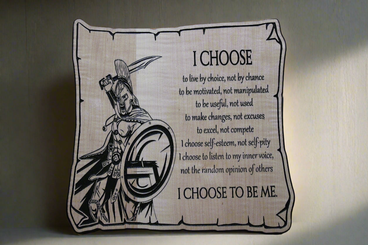 I Choose Spartan carved wooden sign front view