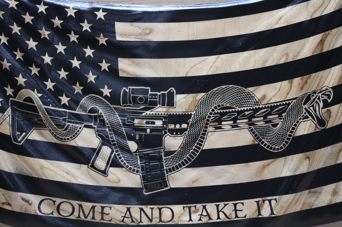 Rustic wavy “Come and Take It” wooden flag displayed in living room patriotic décor