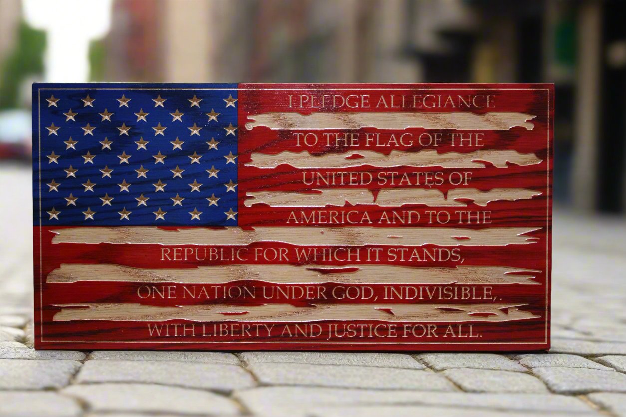 Small Carved Tattered Pledge Of Allegiance Flag