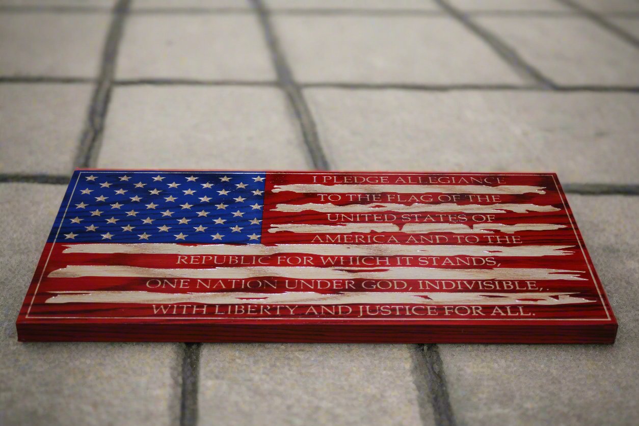 Small Carved Tattered Pledge Of Allegiance Flag