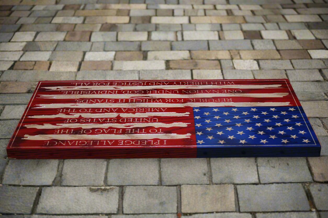 Small Carved Tattered Pledge Of Allegiance Flag