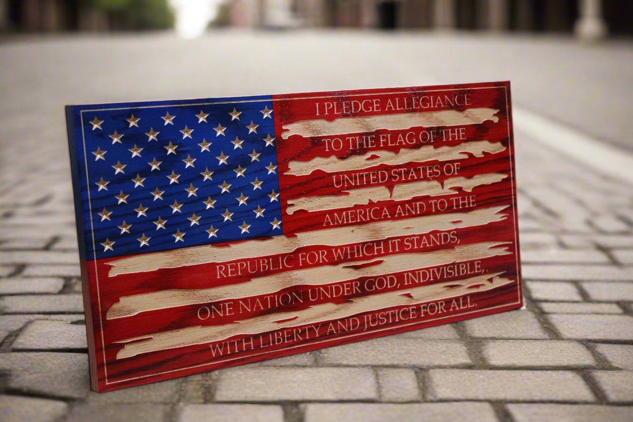 Small Carved Tattered Pledge Of Allegiance Flag