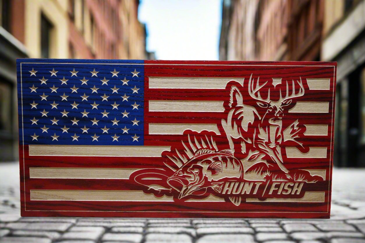 Small Carved Hunting And Fishing American Flag