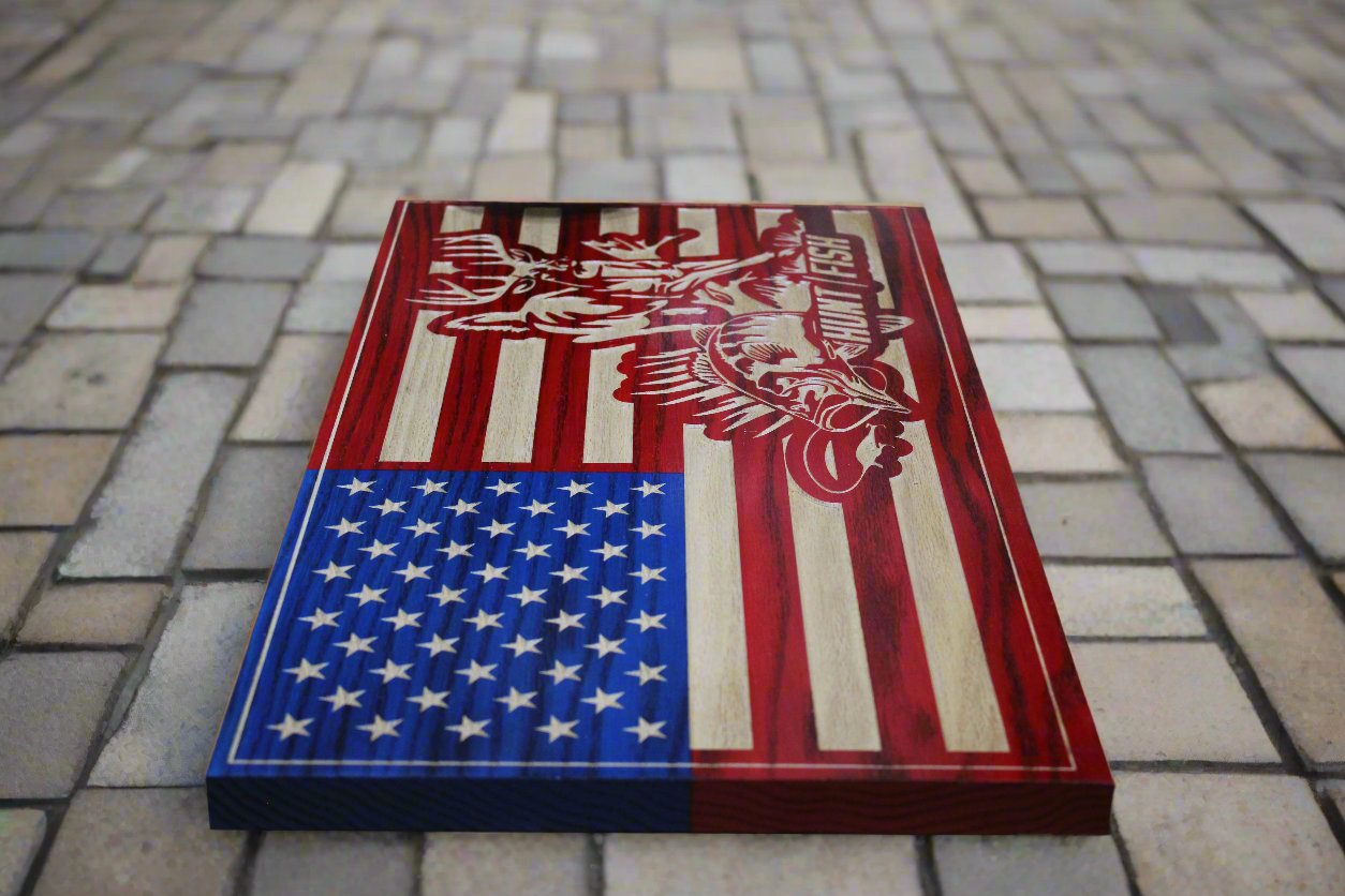 Small Carved Hunting And Fishing American Flag