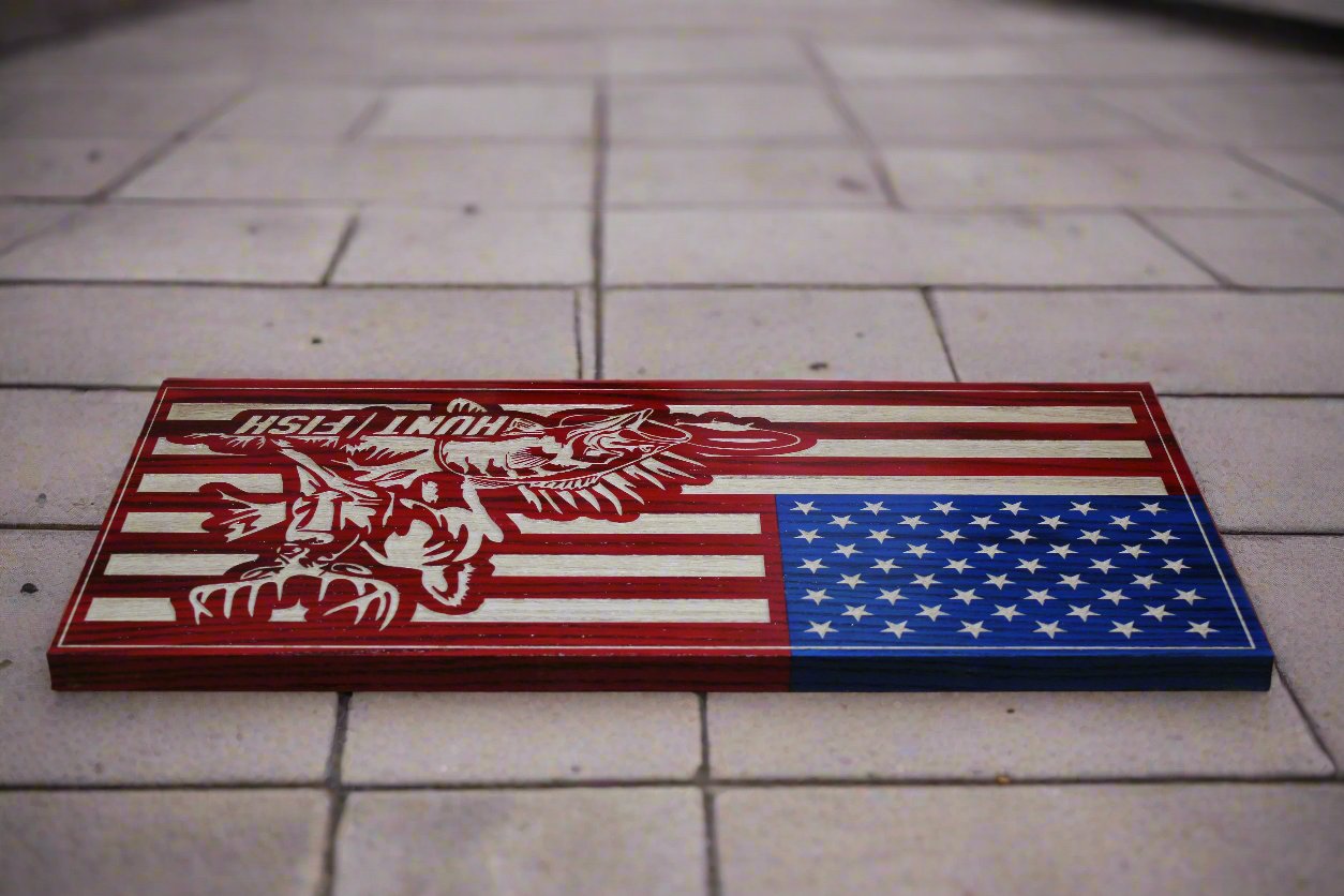 Small Carved Hunting And Fishing American Flag