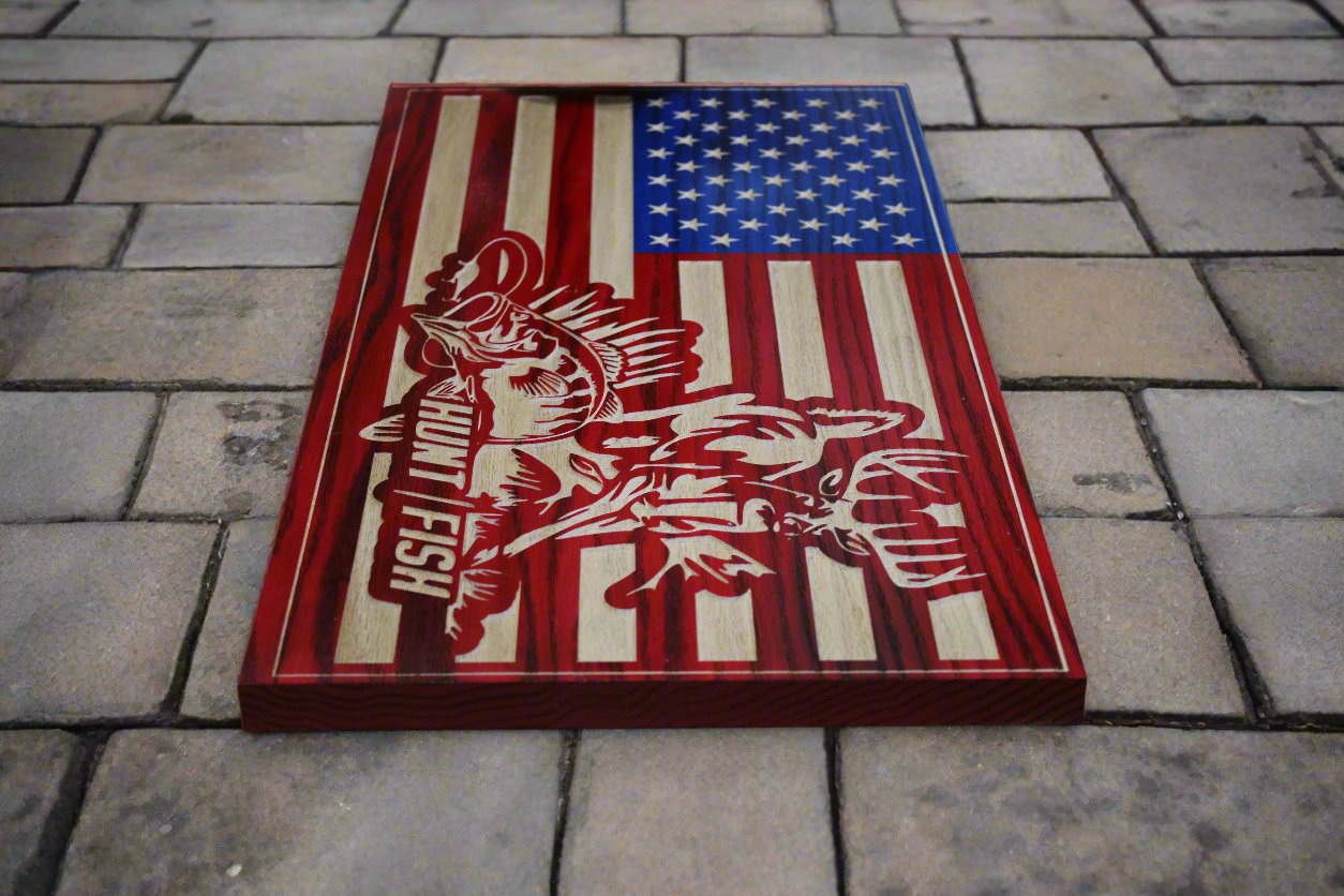 Small Carved Hunting And Fishing American Flag