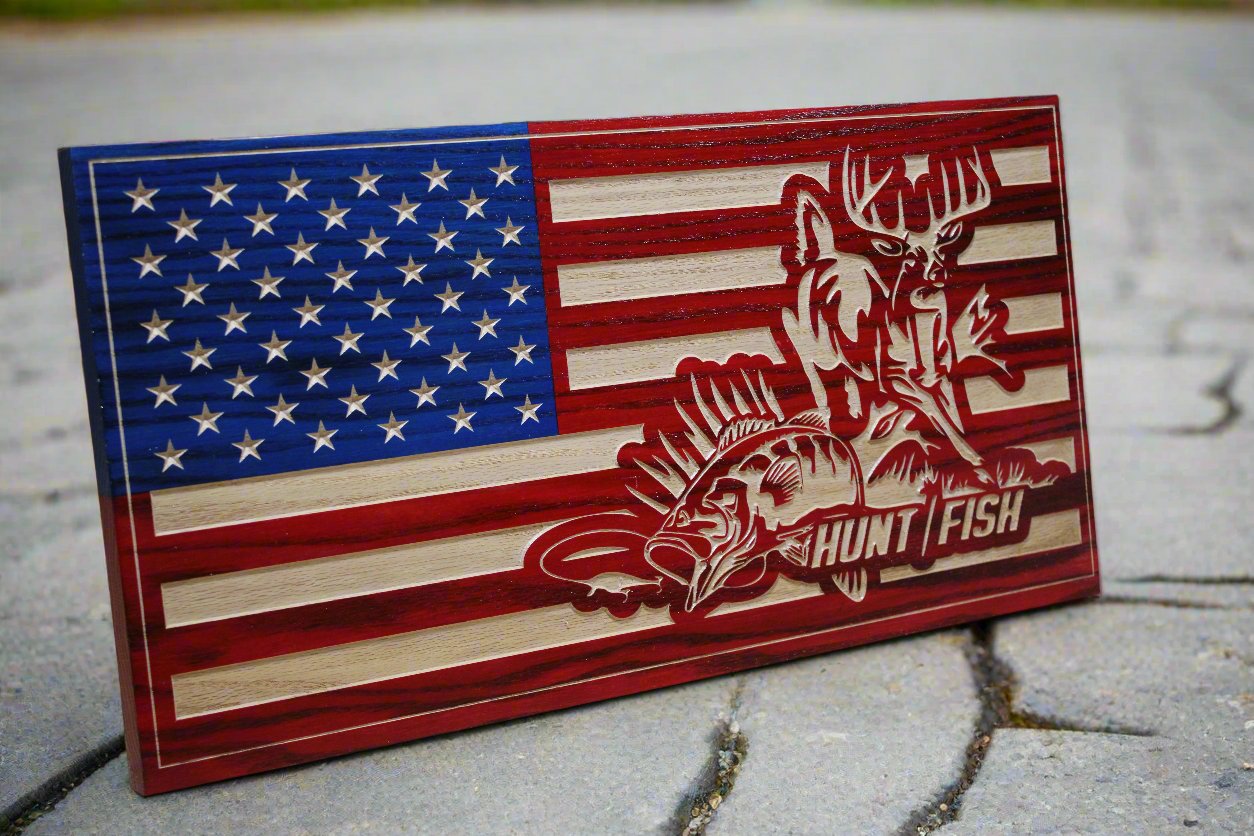 Small Carved Hunting And Fishing American Flag