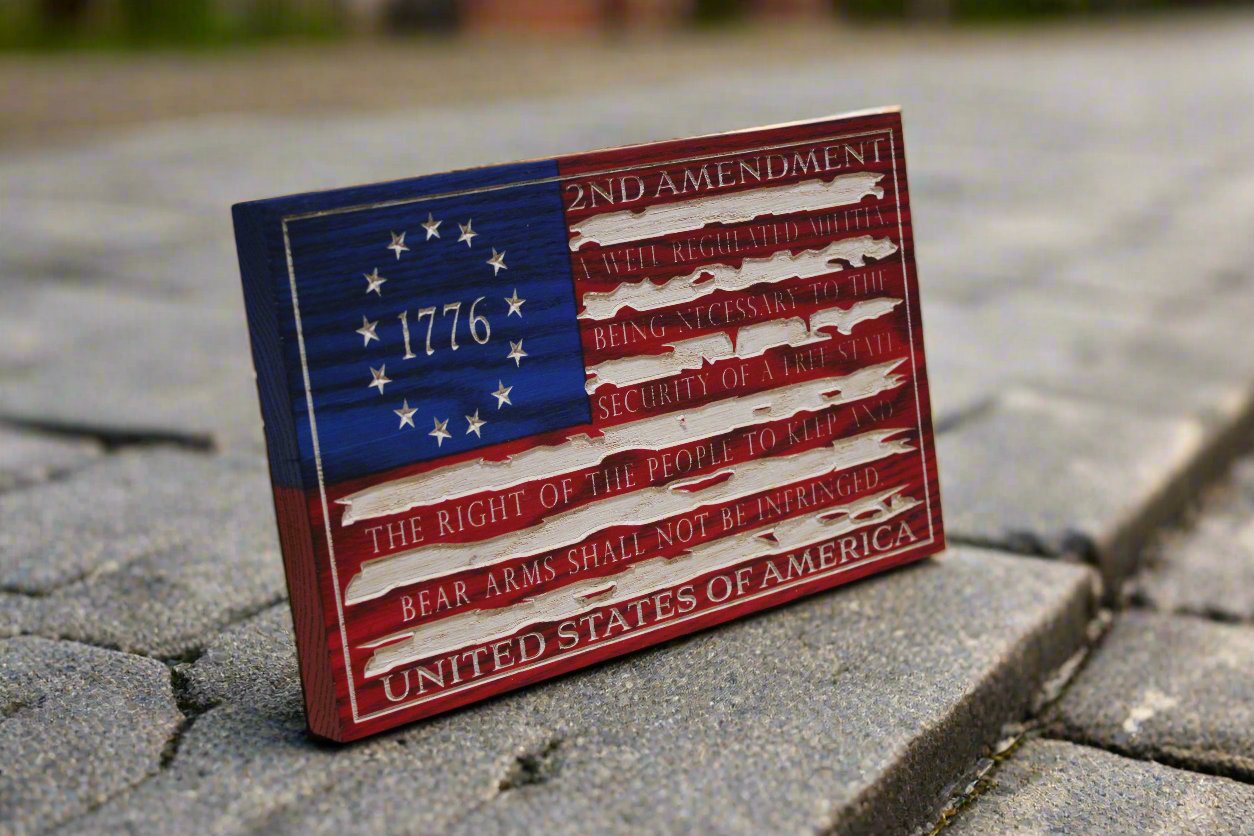 Small Carved Tattered 2nd Amendment Flag