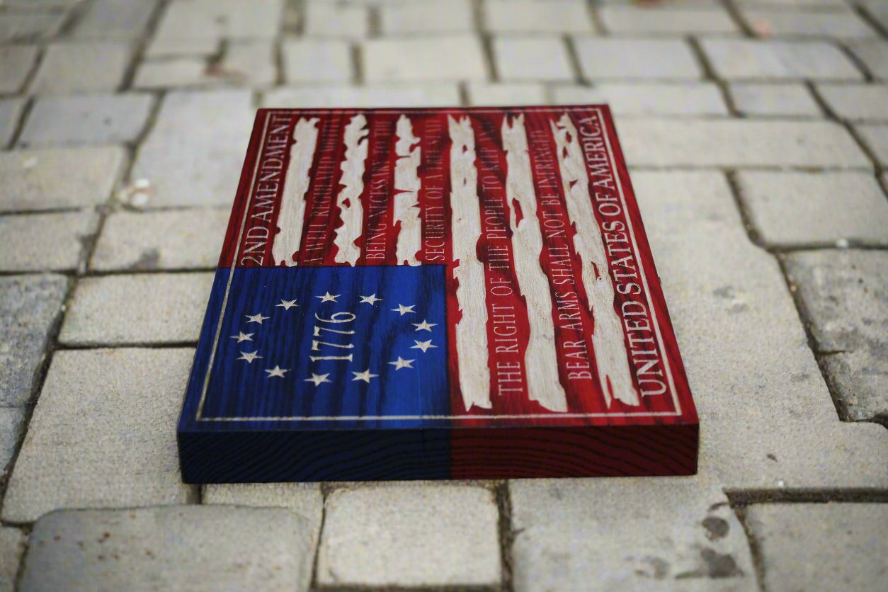 Small Carved Tattered 2nd Amendment Flag