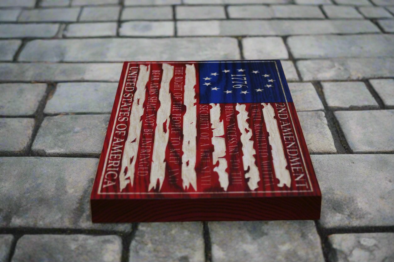 Small Carved Tattered 2nd Amendment Flag