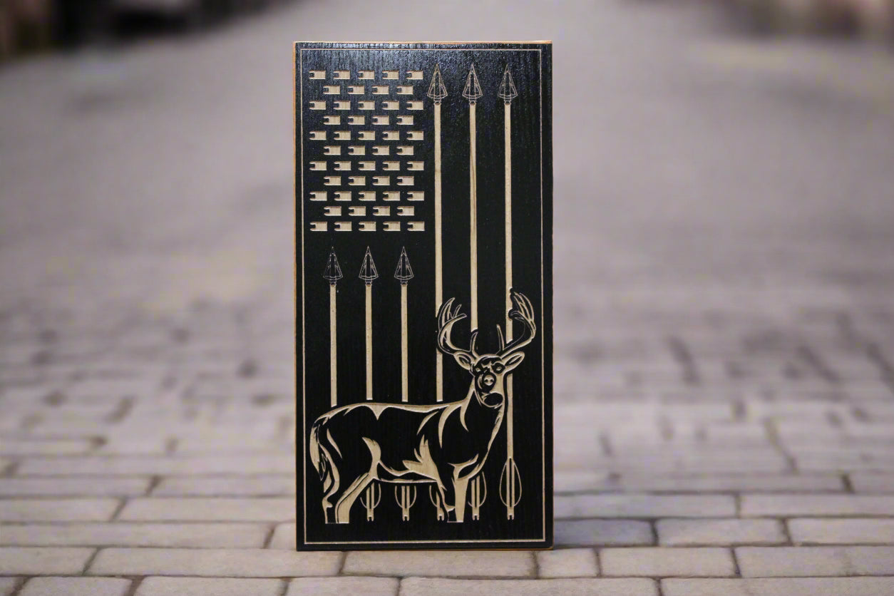 Small Carved Vertical Arrow And Deer Flag