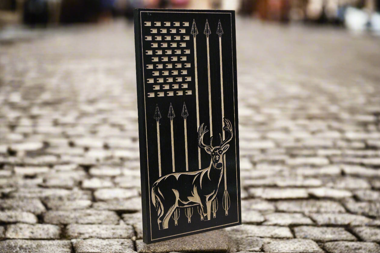 Small Carved Vertical Arrow And Deer Flag