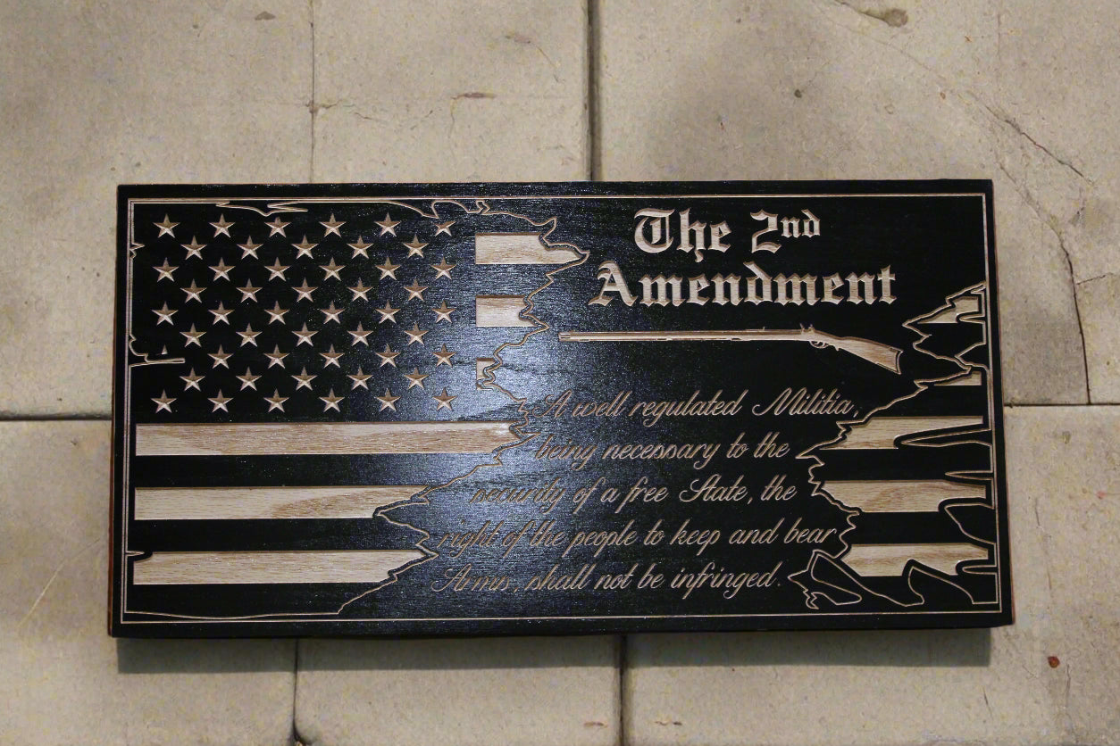 Carved second amendment wood flag