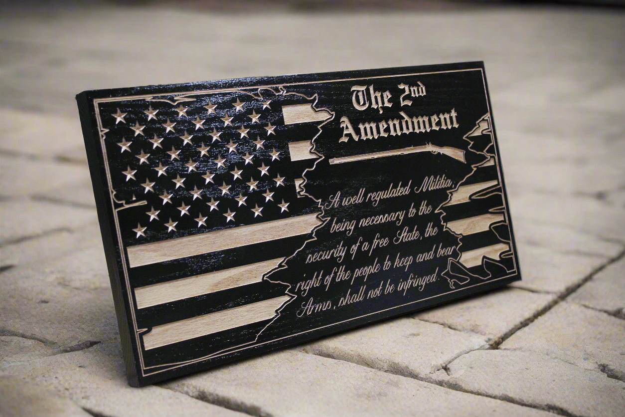 Carved second amendment wood flag