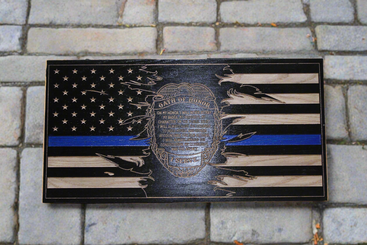 Carved Police oath of honor wood flag