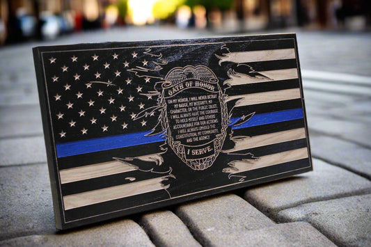 Carved Police oath of honor wood flag