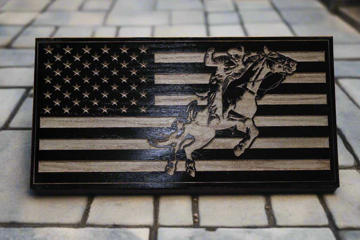 Carved Rodeo Cowboy Wood Flag