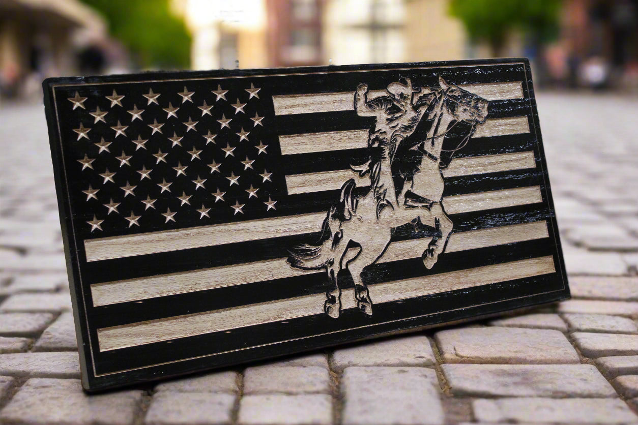 Carved Rodeo Cowboy Wood Flag