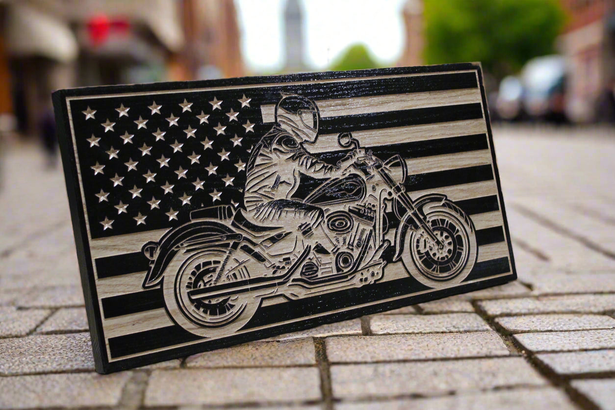 Carved wood motorcycle flag