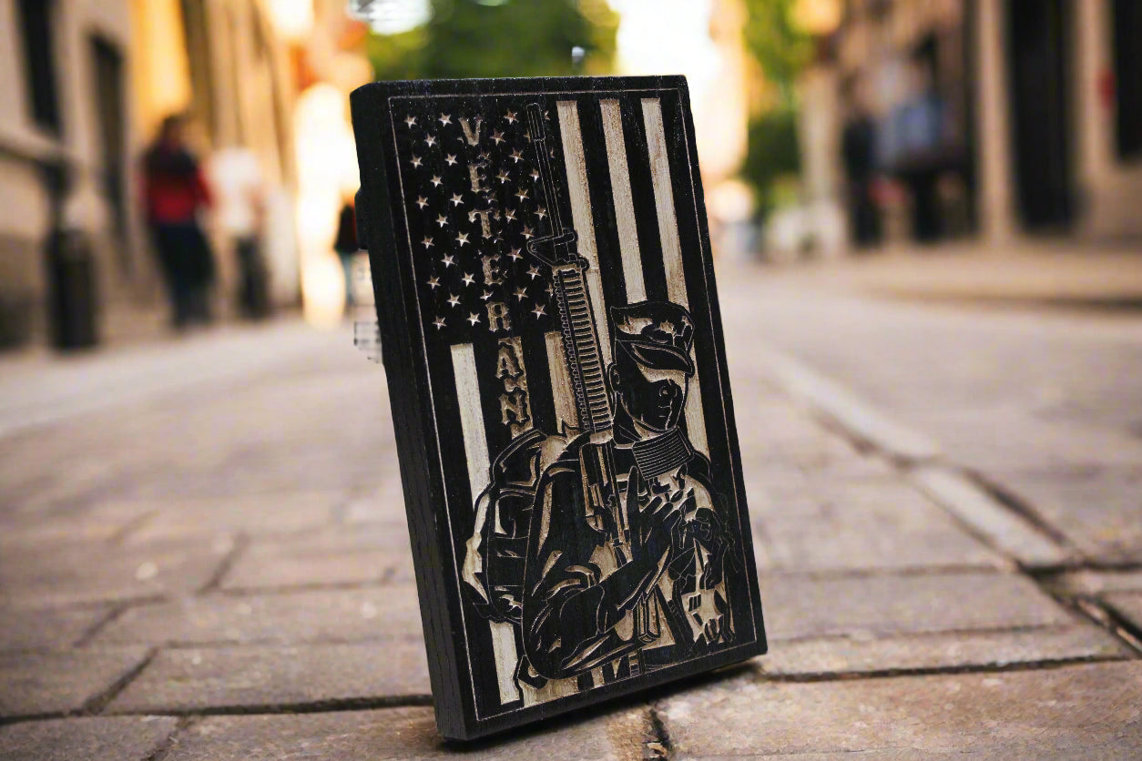 Carved wood veteran flag